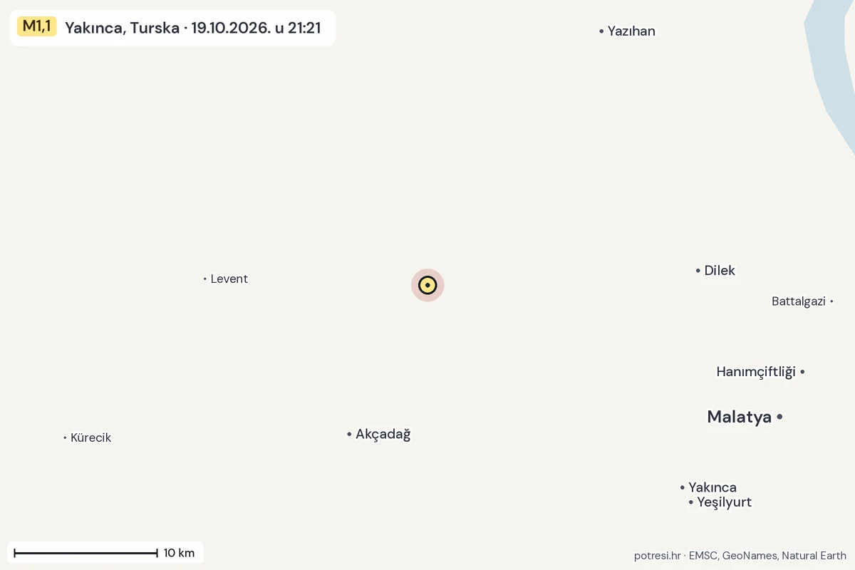 Karta: okolica epicentra, 60 km, potres M1,1, Yakınca, Turska, 19.10.2026.