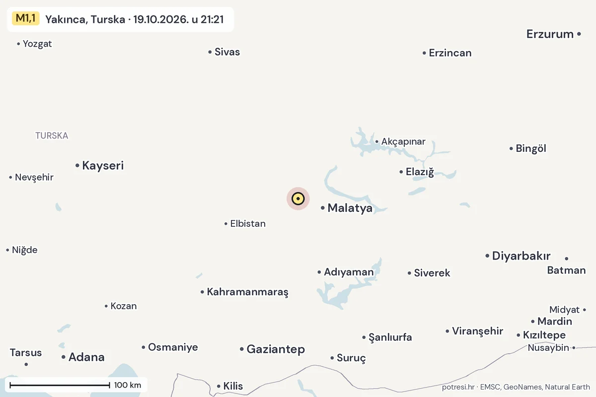 Karta: šire područje, 600 km, potres M1,1, Yakınca, Turska, 19.10.2026.