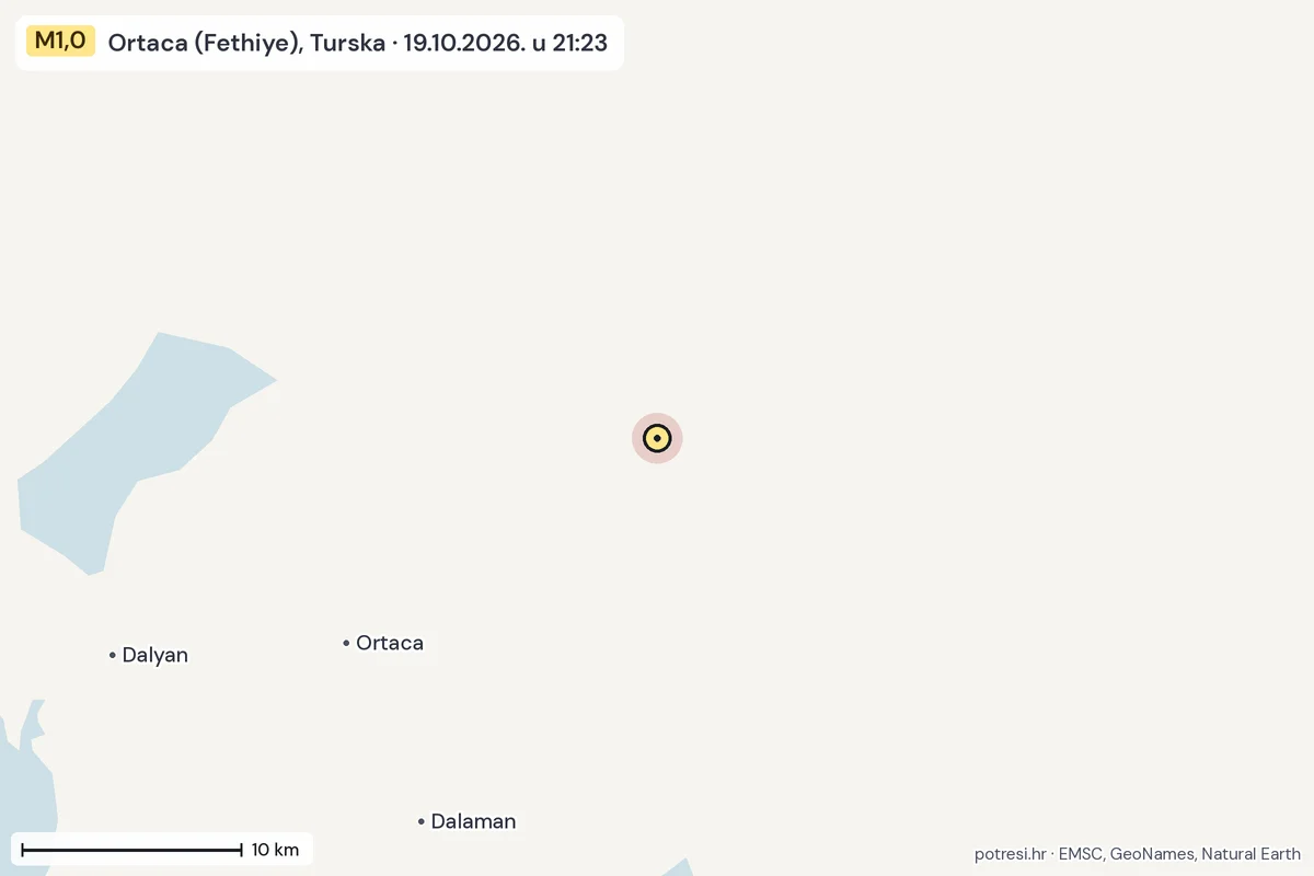 Karta: okolica epicentra, 60 km, potres M1,0, Ortaca (Fethiye), Turska, 19.10.2026.