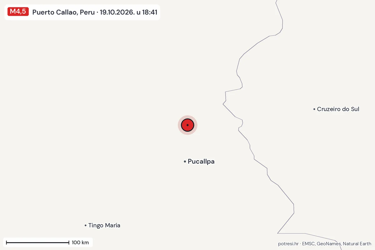 Karta: šire područje, 600 km, potres M4,5, Puerto Callao, Peru, 19.10.2026.