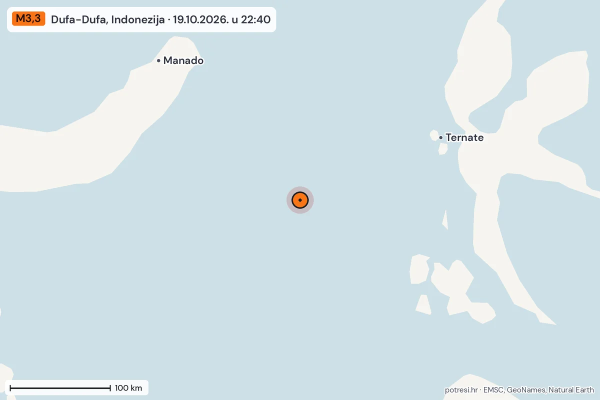 Karta: šire područje, 600 km, potres M3,3, Dufa-Dufa, Indonezija, 19.10.2026.