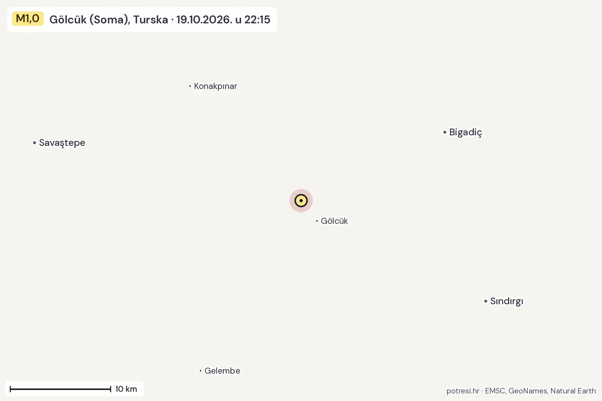 Karta: okolica epicentra, 60 km, potres M1,0, Gölcük (Soma), Turska, 19.10.2026.