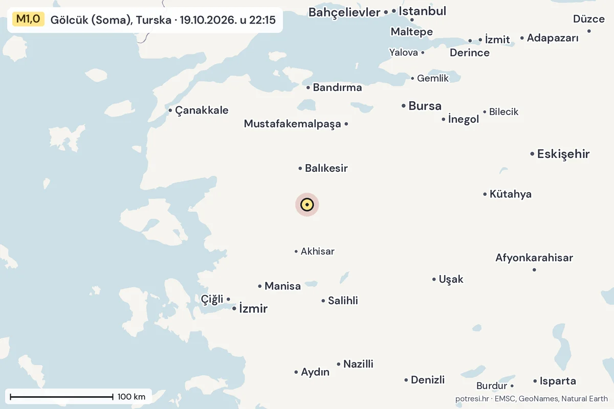 Karta: šire područje, 600 km, potres M1,0, Gölcük (Soma), Turska, 19.10.2026.