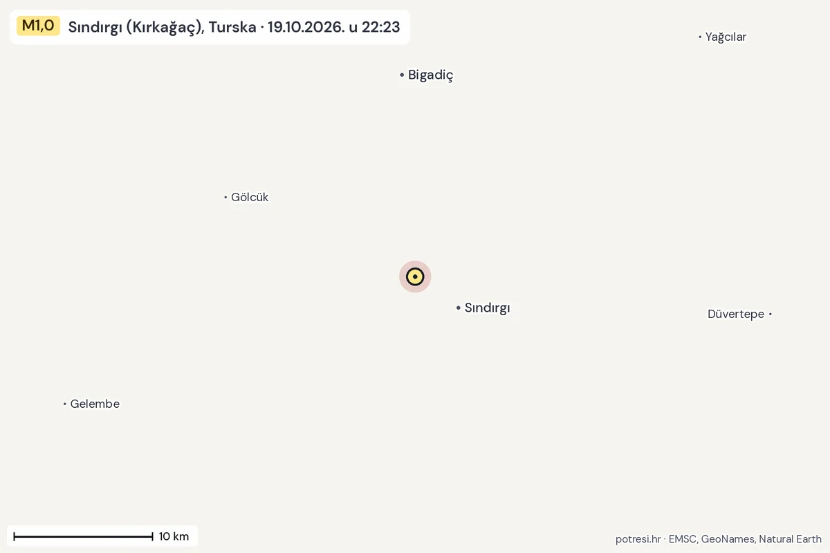 Karta: okolica epicentra, 60 km, potres M1,0, Sındırgı (Kırkağaç), Turska, 19.10.2026.