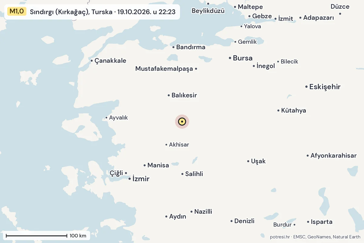 Karta: šire područje, 600 km, potres M1,0, Sındırgı (Kırkağaç), Turska, 19.10.2026.