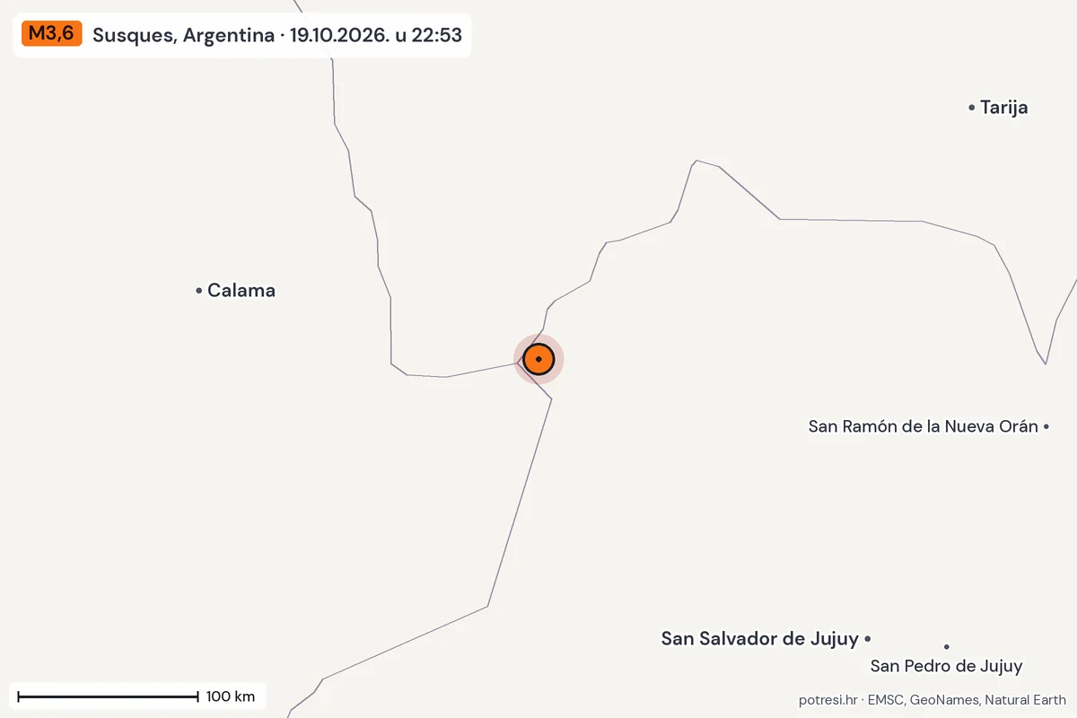 Karta: šire područje, 600 km, potres M3,6, Susques, Argentina, 19.10.2026.