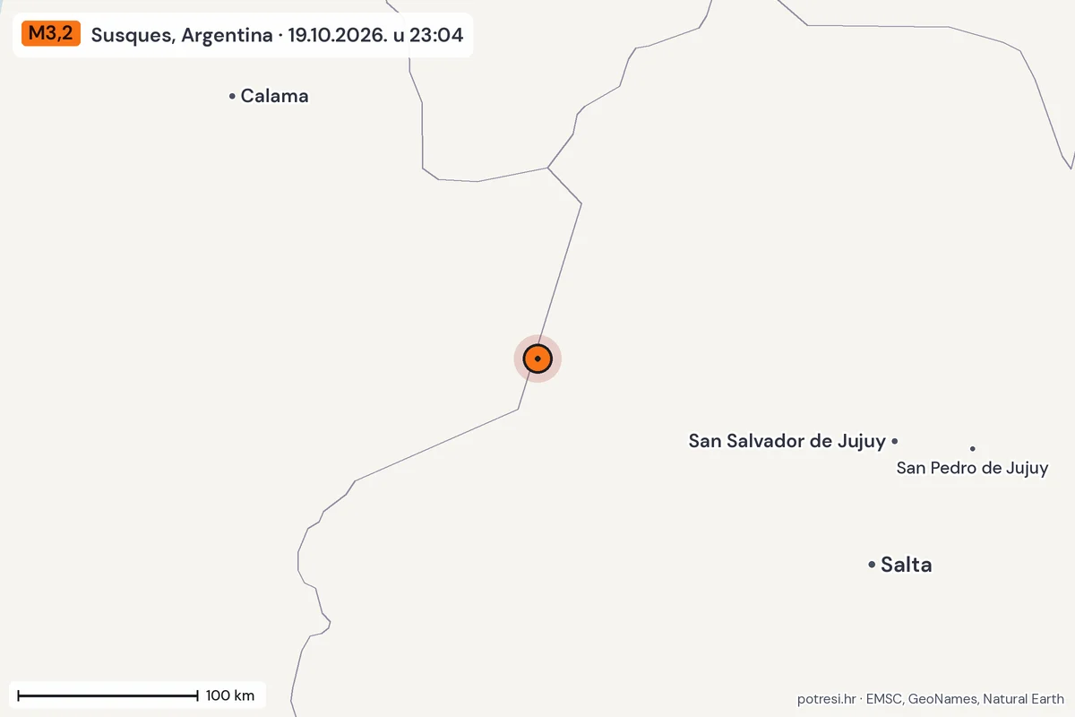 Karta: šire područje, 600 km, potres M3,2, Susques, Argentina, 19.10.2026.