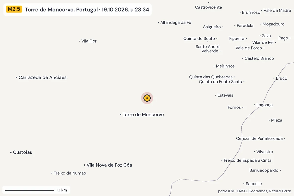 Karta: okolica epicentra, 60 km, potres M2,5, Torre de Moncorvo, Portugal, 19.10.2026.