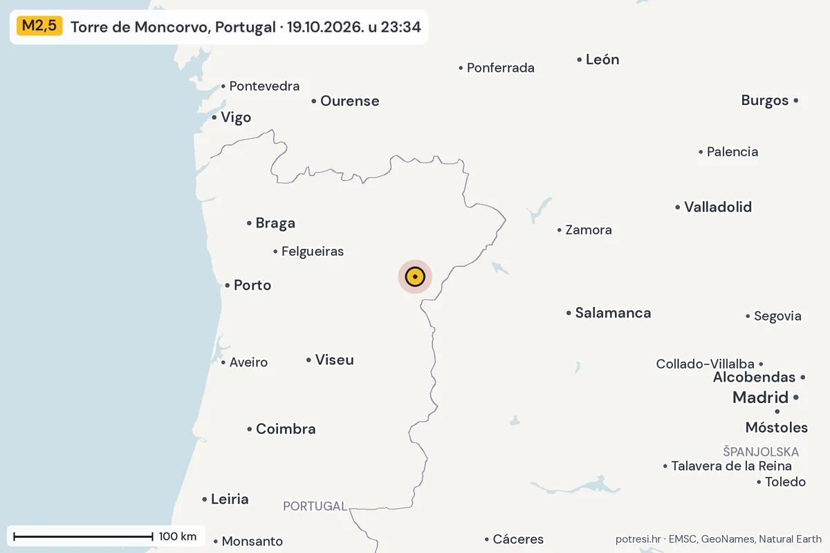 Karta: šire područje, 600 km, potres M2,5, Torre de Moncorvo, Portugal, 19.10.2026.