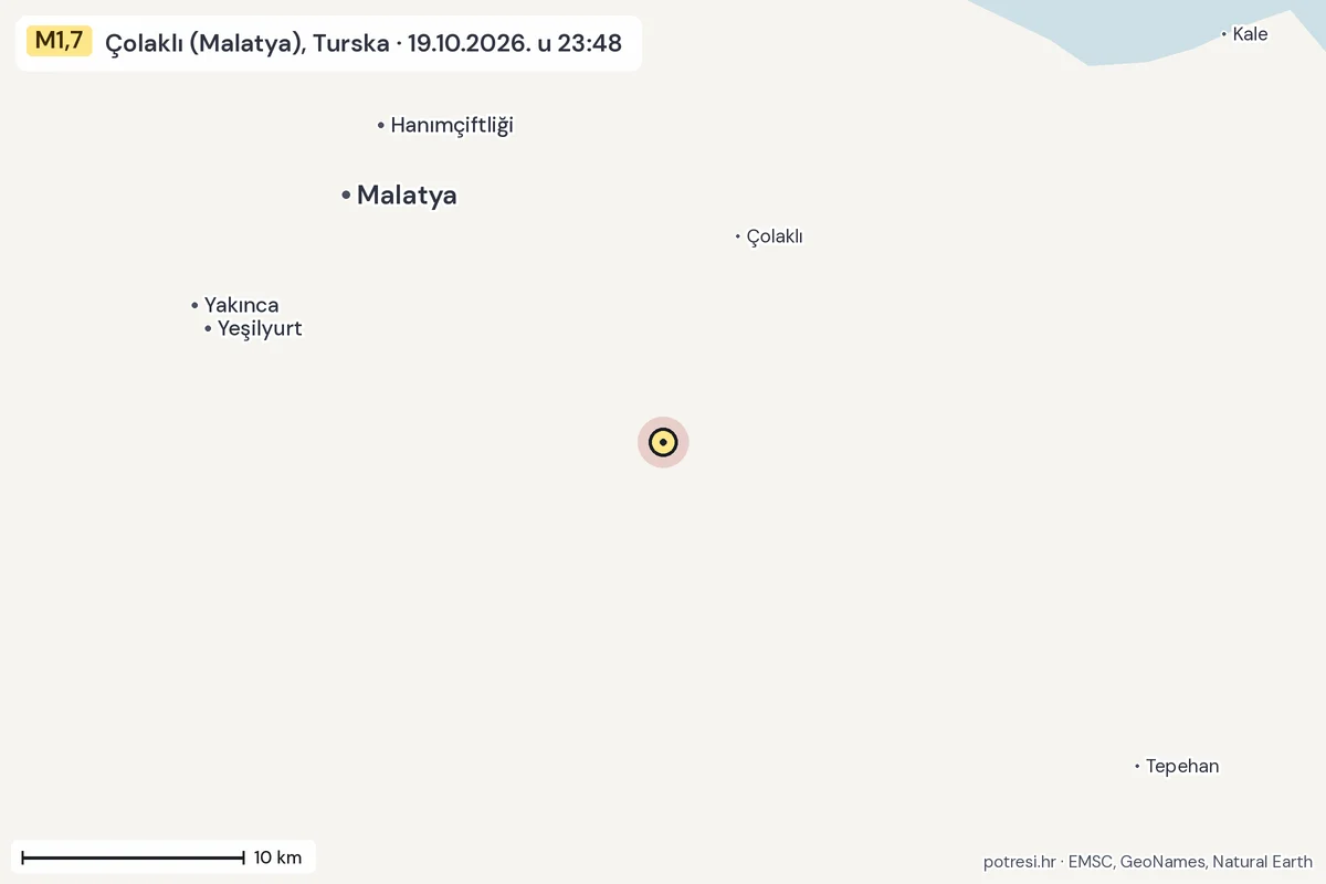 Karta: okolica epicentra, 60 km, potres M1,7, Çolaklı (Malatya), Turska, 19.10.2026.
