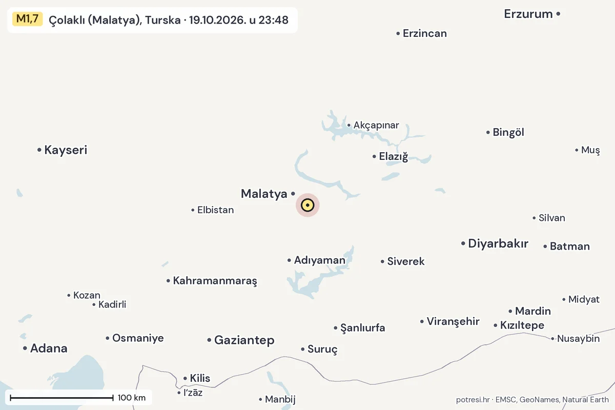 Karta: šire područje, 600 km, potres M1,7, Çolaklı (Malatya), Turska, 19.10.2026.