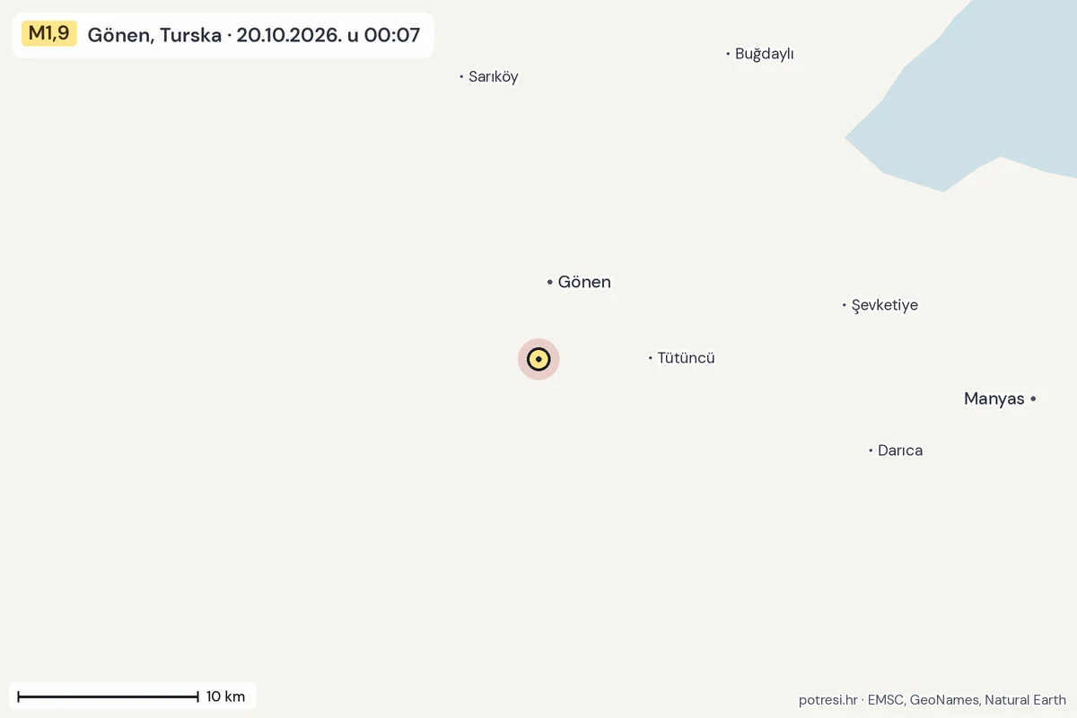 Karta: okolica epicentra, 60 km, potres M1,9, Gönen, Turska, 20.10.2026.