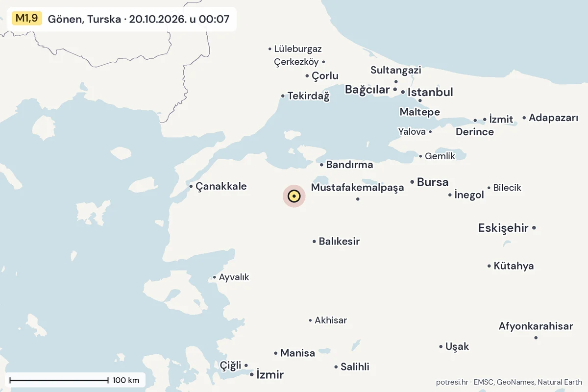 Karta: šire područje, 600 km, potres M1,9, Gönen, Turska, 20.10.2026.