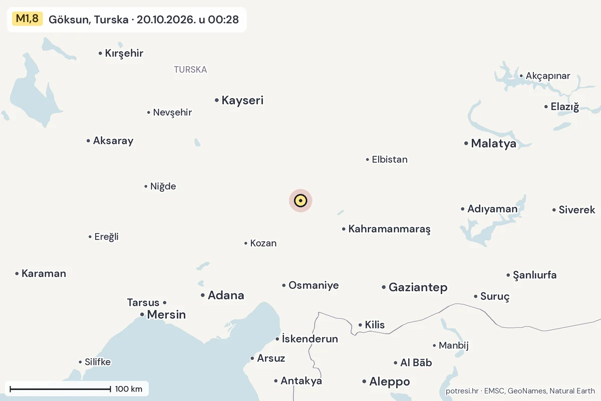 Karta: šire područje, 600 km, potres M1,8, Göksun, Turska, 20.10.2026.