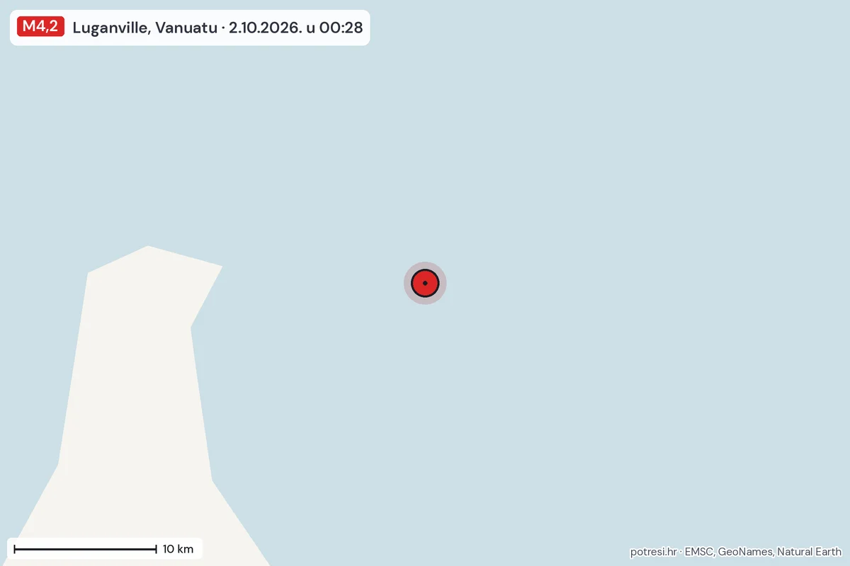 Karta: okolica epicentra, 60 km, potres M4,2, Luganville, Vanuatu, 2.10.2026.
