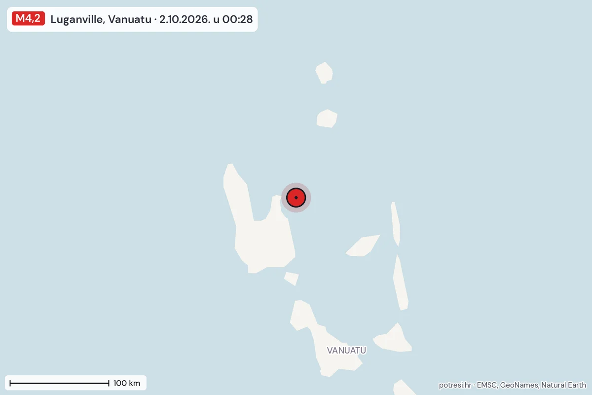 Karta: šire područje, 600 km, potres M4,2, Luganville, Vanuatu, 2.10.2026.
