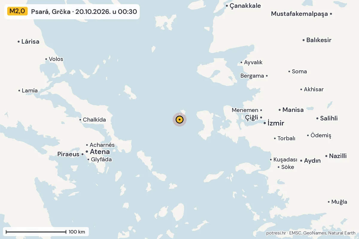 Karta: šire područje, 600 km, potres M2,0, Psará, Grčka, 20.10.2026.