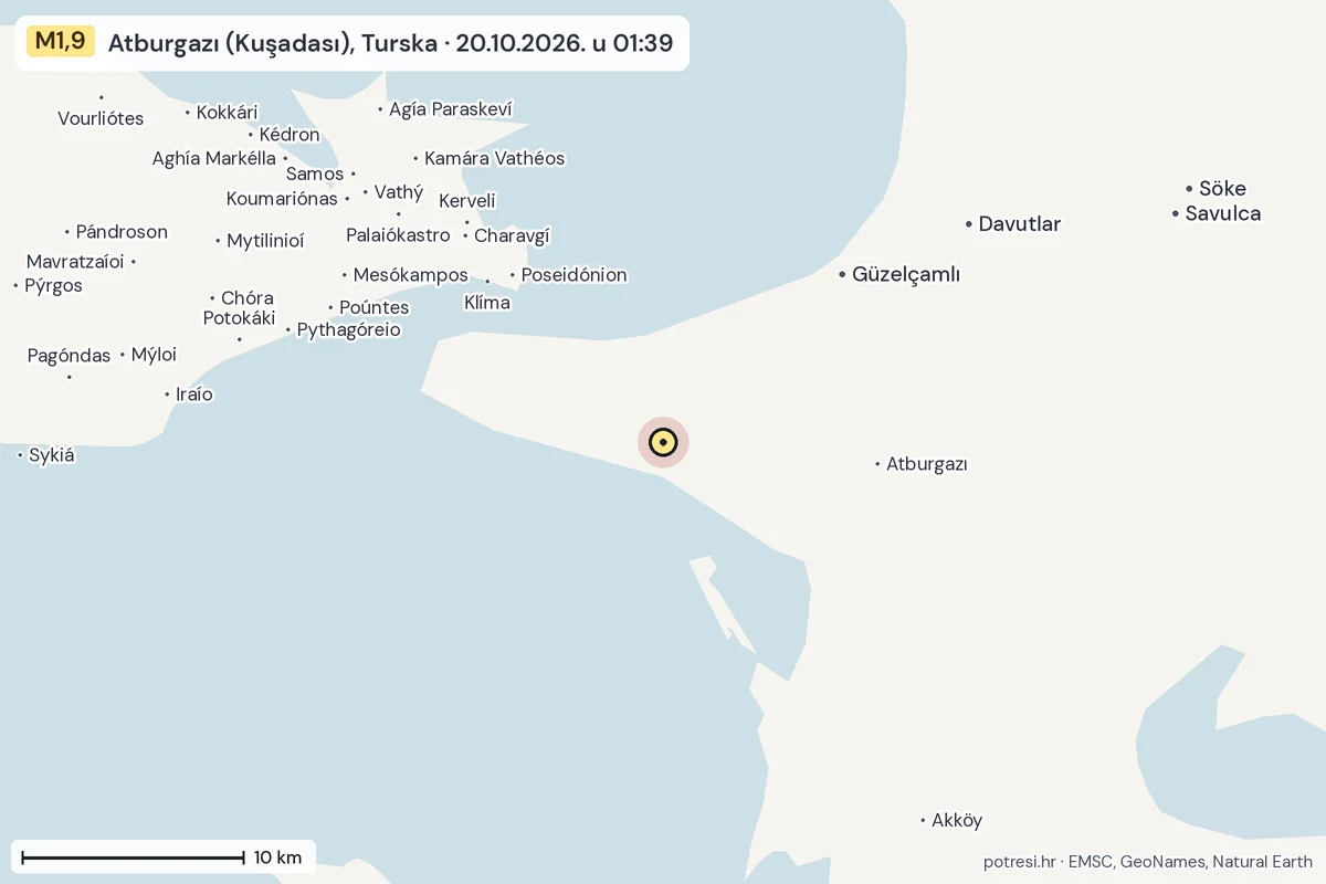 Karta: okolica epicentra, 60 km, potres M1,9, Atburgazı (Kuşadası), Turska, 20.10.2026.
