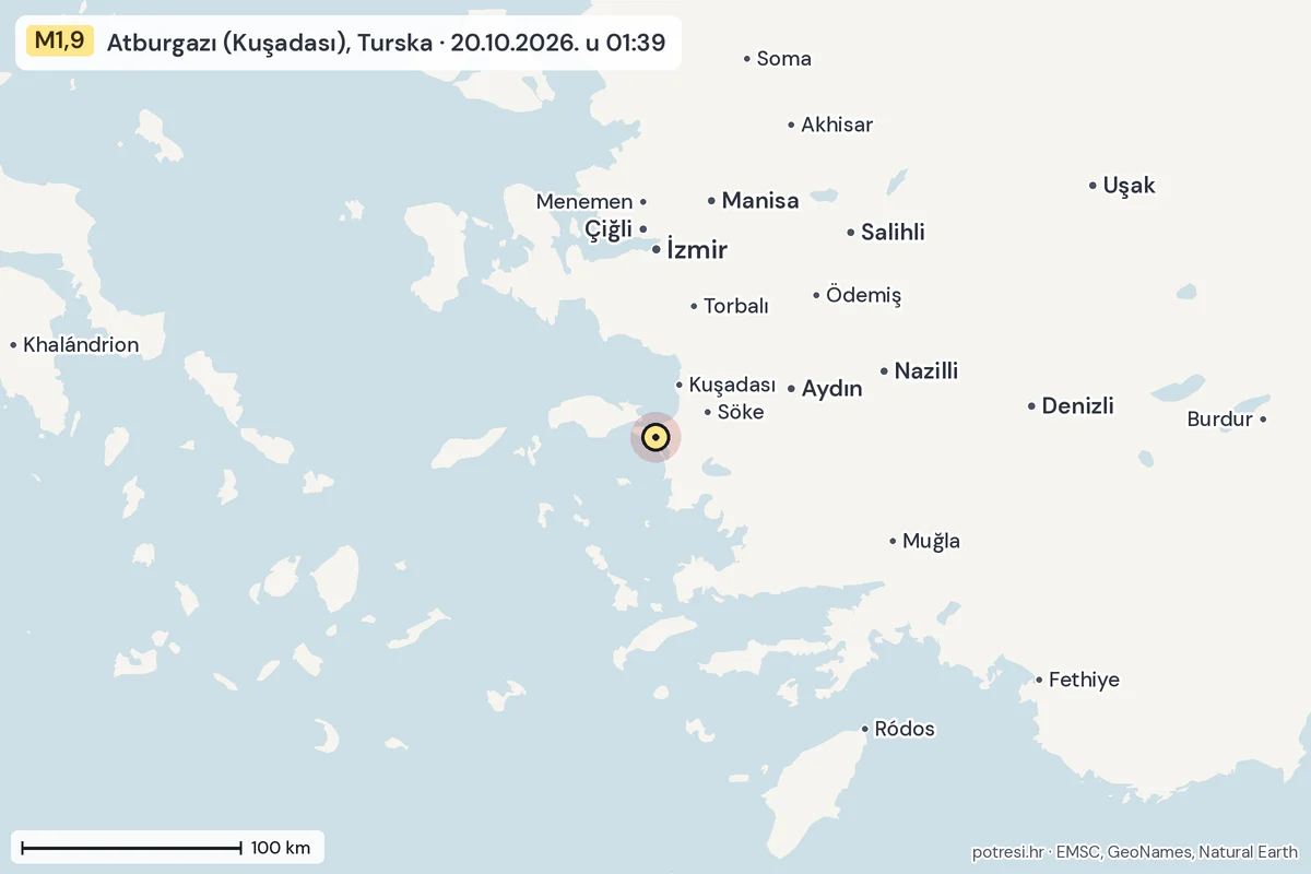 Karta: šire područje, 600 km, potres M1,9, Atburgazı (Kuşadası), Turska, 20.10.2026.