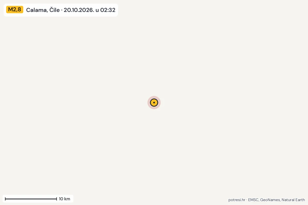 Karta: okolica epicentra, 60 km, potres M2,8, Calama, Čile, 20.10.2026.