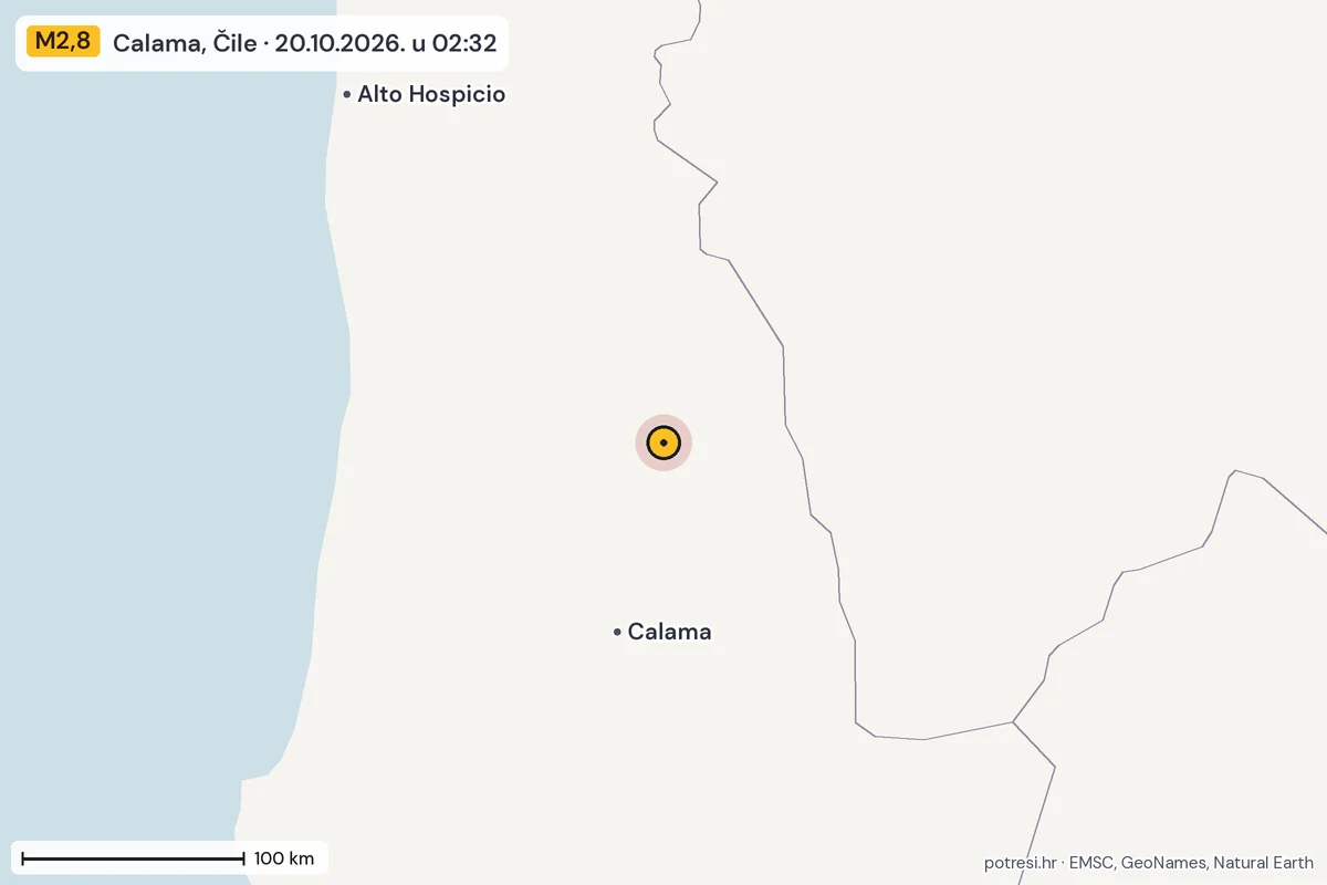 Karta: šire područje, 600 km, potres M2,8, Calama, Čile, 20.10.2026.