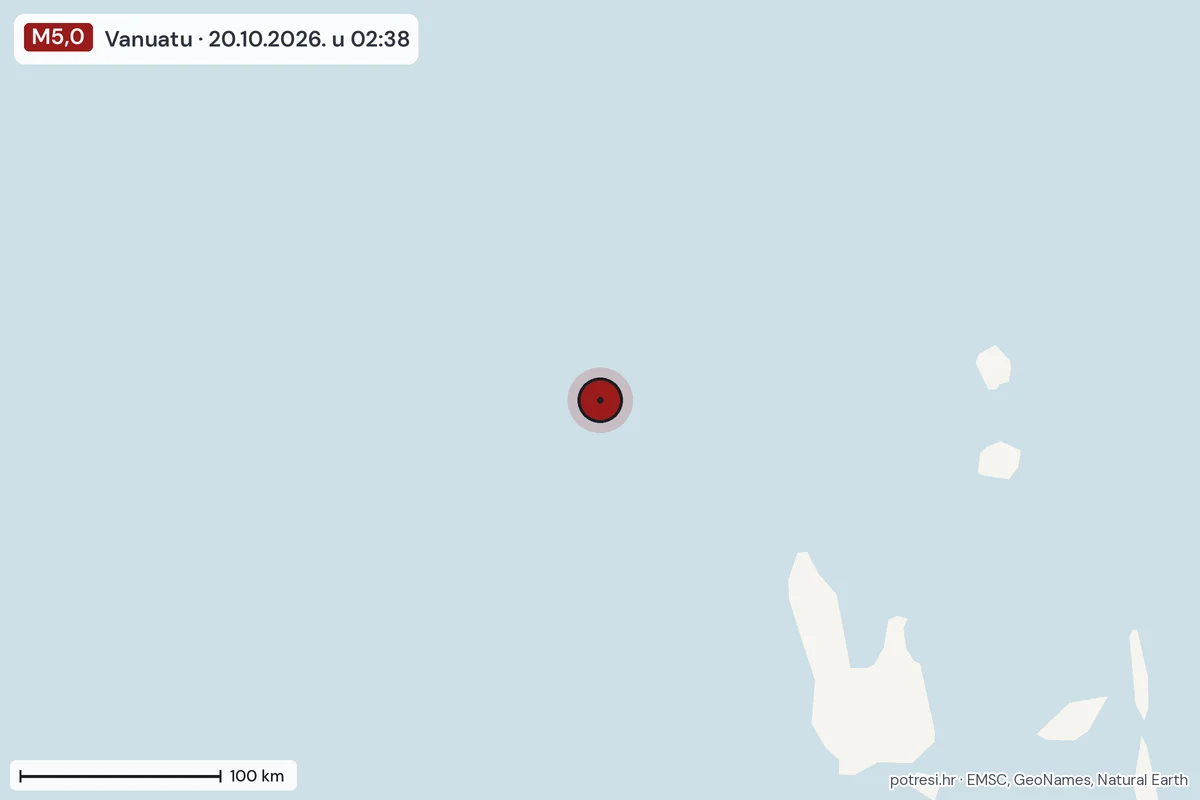 Karta: šire područje, 600 km, potres M5,0, Vanuatu, 20.10.2026.