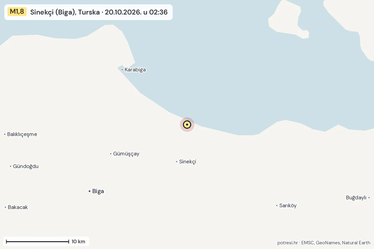 Karta: okolica epicentra, 60 km, potres M1,8, Sinekçi (Biga), Turska, 20.10.2026.
