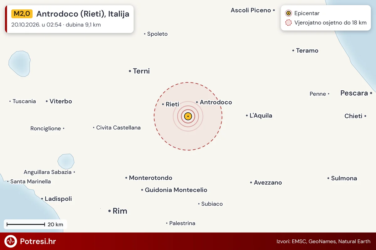 Karta: šire područje i vjerojatni doseg osjeta, potres M2,0, Antrodoco (Rieti), Italija, 20.10.2026.