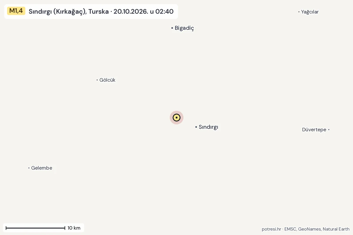 Karta: okolica epicentra, 60 km, potres M1,4, Sındırgı (Kırkağaç), Turska, 20.10.2026.