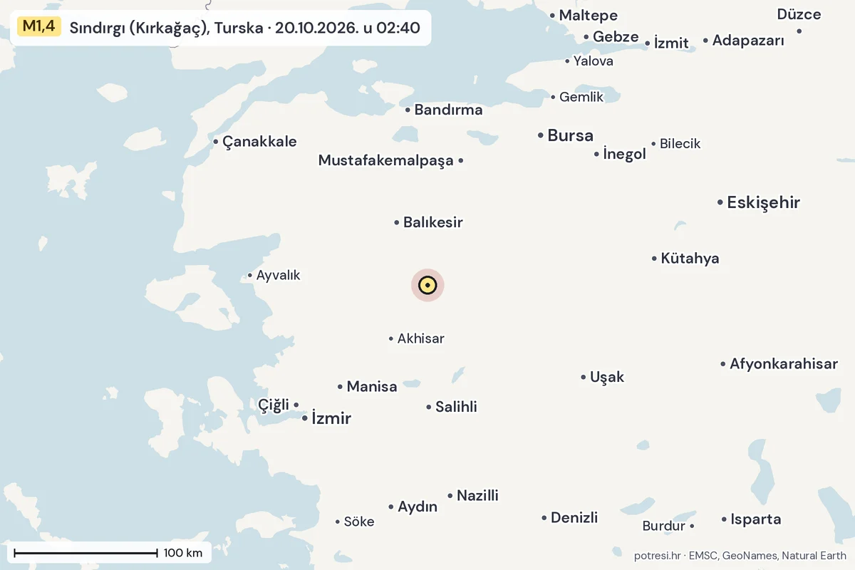 Karta: šire područje, 600 km, potres M1,4, Sındırgı (Kırkağaç), Turska, 20.10.2026.