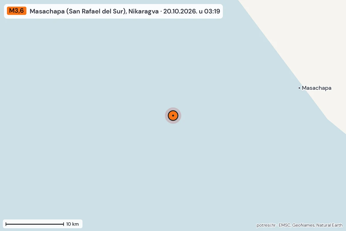 Karta: okolica epicentra, 60 km, potres M3,6, Masachapa (San Rafael del Sur), Nikaragva, 20.10.2026.