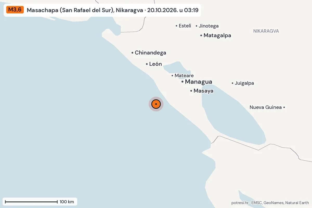 Karta: šire područje, 600 km, potres M3,6, Masachapa (San Rafael del Sur), Nikaragva, 20.10.2026.