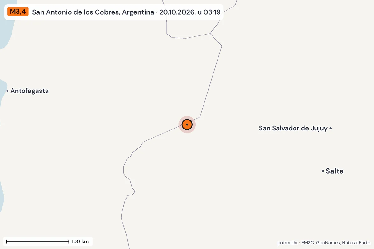 Karta: šire područje, 600 km, potres M3,4, San Antonio de los Cobres, Argentina, 20.10.2026.