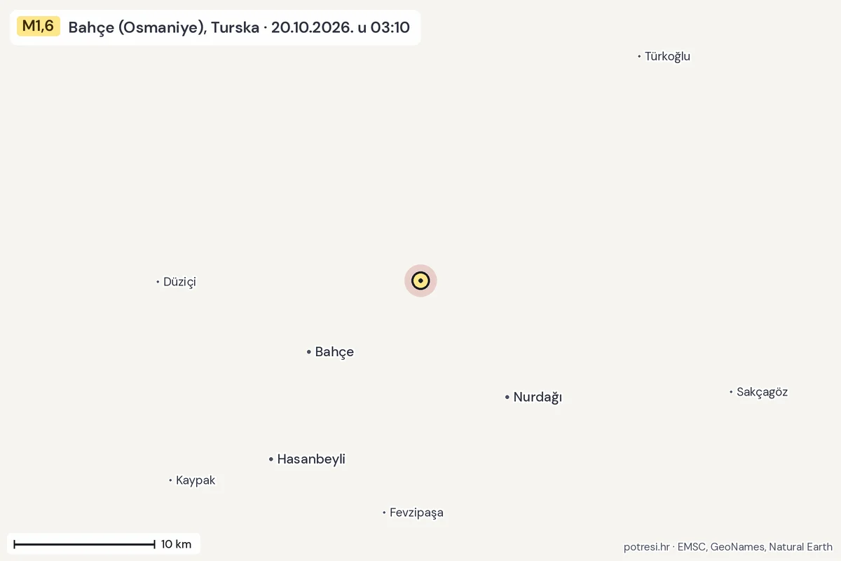 Karta: okolica epicentra, 60 km, potres M1,6, Bahçe (Osmaniye), Turska, 20.10.2026.