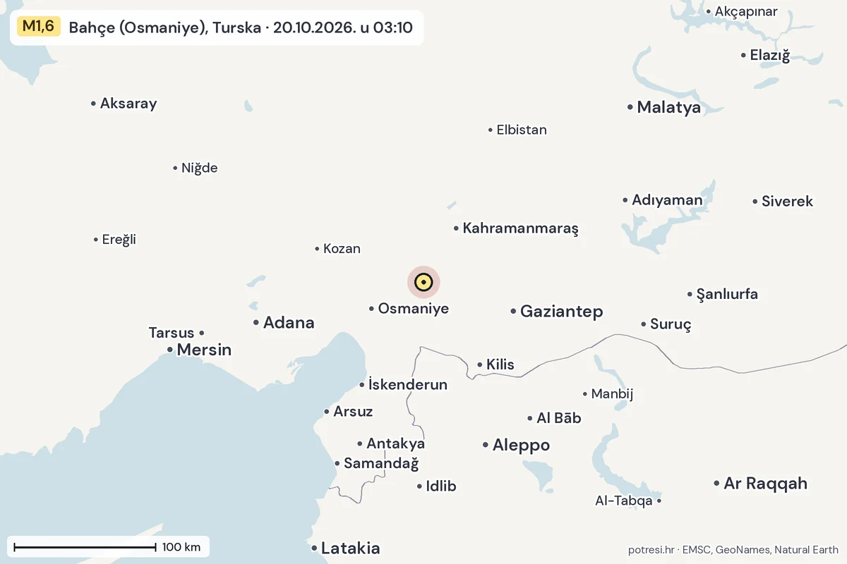 Karta: šire područje, 600 km, potres M1,6, Bahçe (Osmaniye), Turska, 20.10.2026.