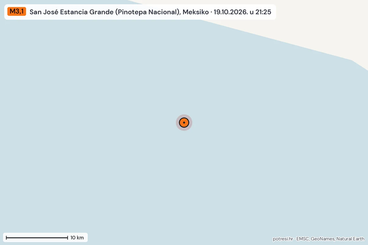Karta: okolica epicentra, 60 km, potres M3,1, San José Estancia Grande (Pinotepa Nacional), Meksiko, 19.10.2026.