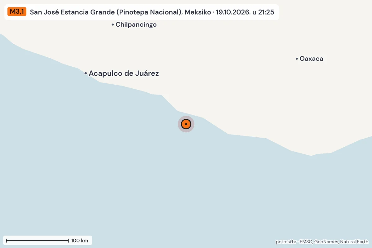Karta: šire područje, 600 km, potres M3,1, San José Estancia Grande (Pinotepa Nacional), Meksiko, 19.10.2026.