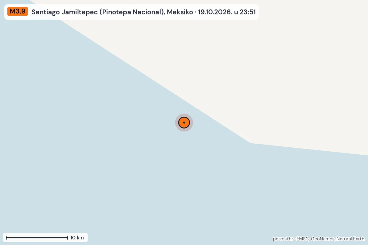 Karta: okolica epicentra, 60 km, potres M3,9, Santiago Jamiltepec (Pinotepa Nacional), Meksiko, 19.10.2026.