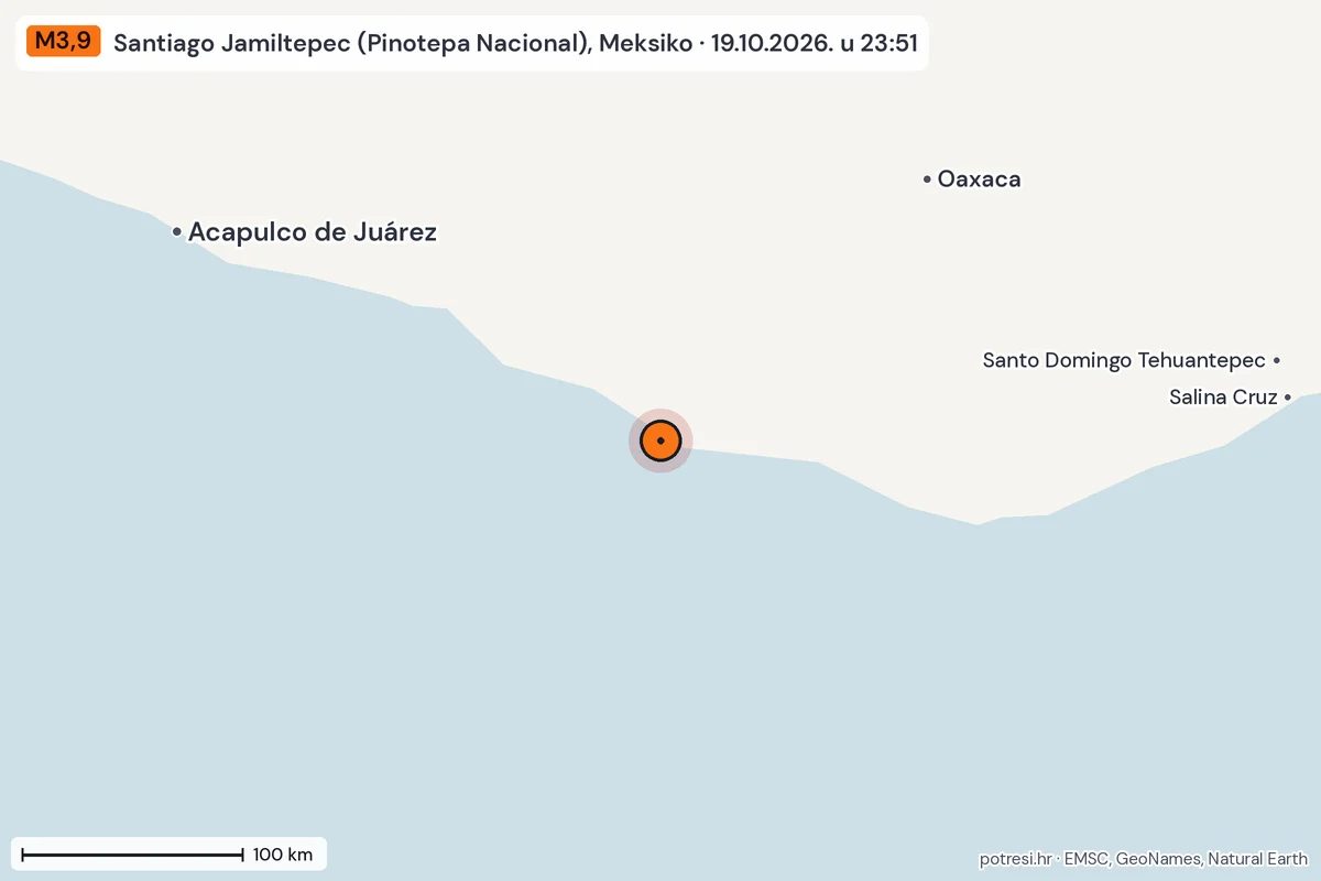 Karta: šire područje, 600 km, potres M3,9, Santiago Jamiltepec (Pinotepa Nacional), Meksiko, 19.10.2026.