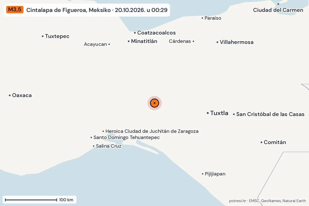 Karta: šire područje, 600 km, potres M3,5, Cintalapa de Figueroa, Meksiko, 20.10.2026.