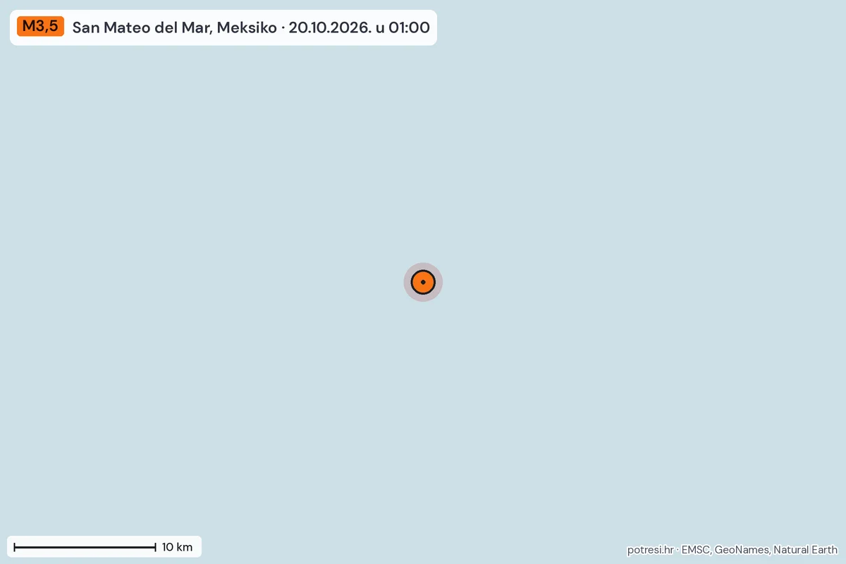 Karta: okolica epicentra, 60 km, potres M3,5, San Mateo del Mar, Meksiko, 20.10.2026.