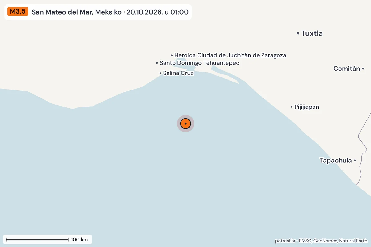 Karta: šire područje, 600 km, potres M3,5, San Mateo del Mar, Meksiko, 20.10.2026.
