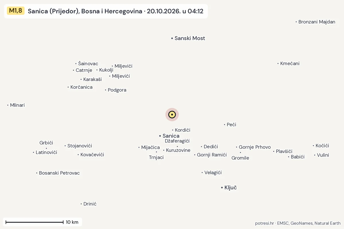 Karta: okolica epicentra, 60 km, potres M1,8, Sanica (Prijedor), Bosna i Hercegovina, 20.10.2026.