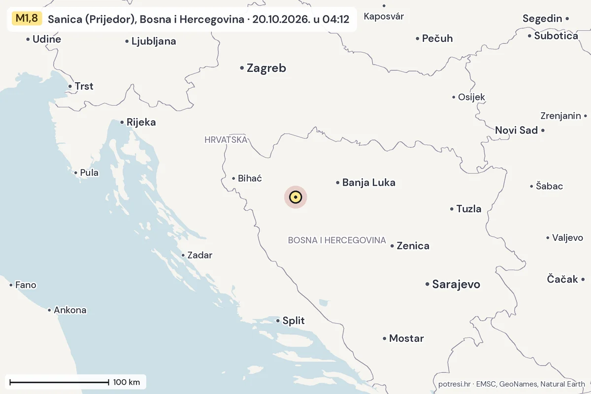 Karta: šire područje, 600 km, potres M1,8, Sanica (Prijedor), Bosna i Hercegovina, 20.10.2026.