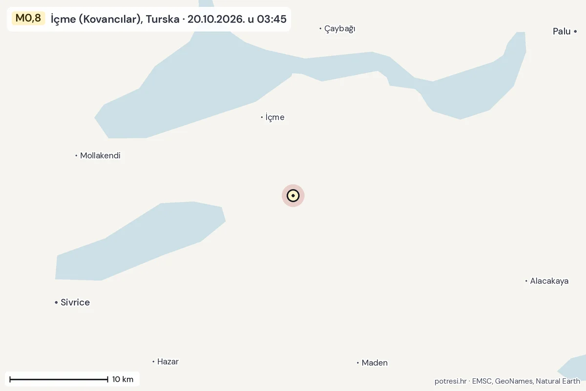 Karta: okolica epicentra, 60 km, potres M0,8, İçme (Kovancılar), Turska, 20.10.2026.