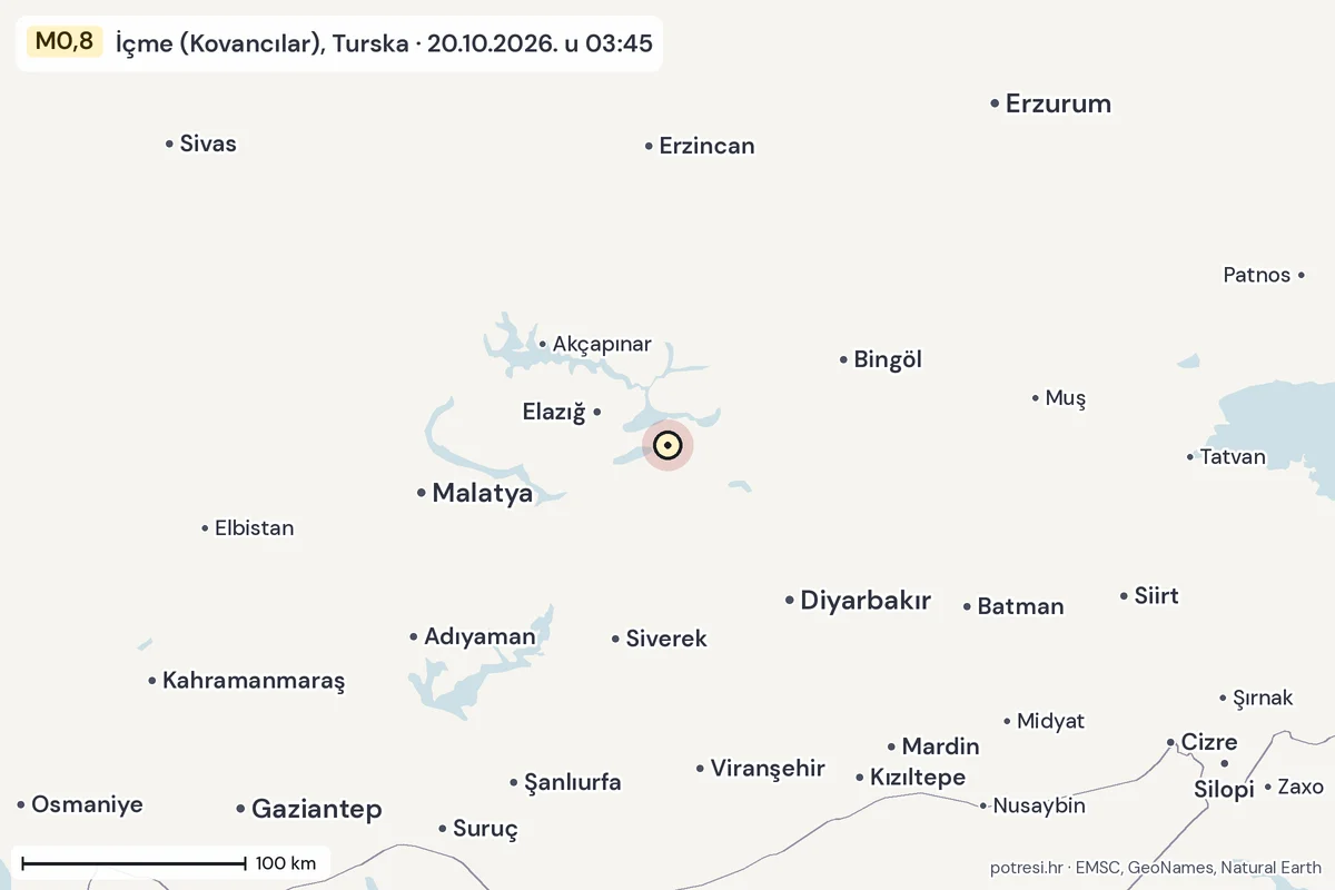 Karta: šire područje, 600 km, potres M0,8, İçme (Kovancılar), Turska, 20.10.2026.