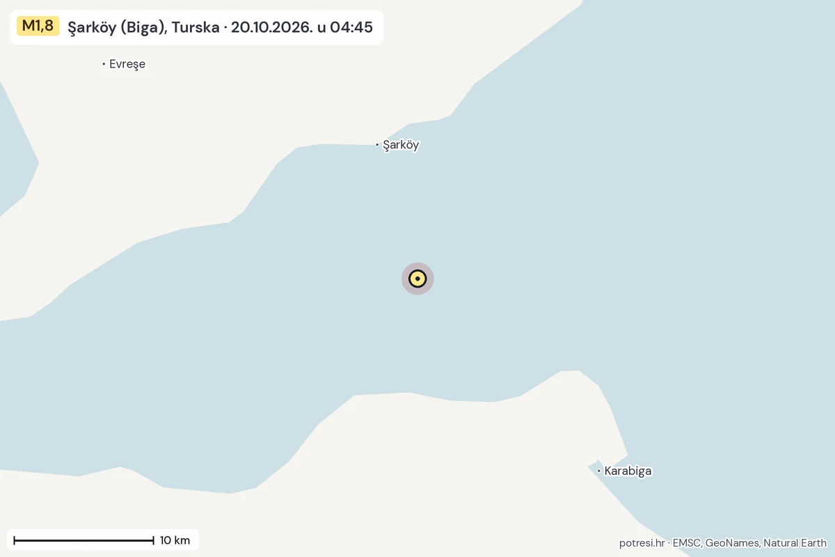 Karta: okolica epicentra, 60 km, potres M1,8, Şarköy (Biga), Turska, 20.10.2026.