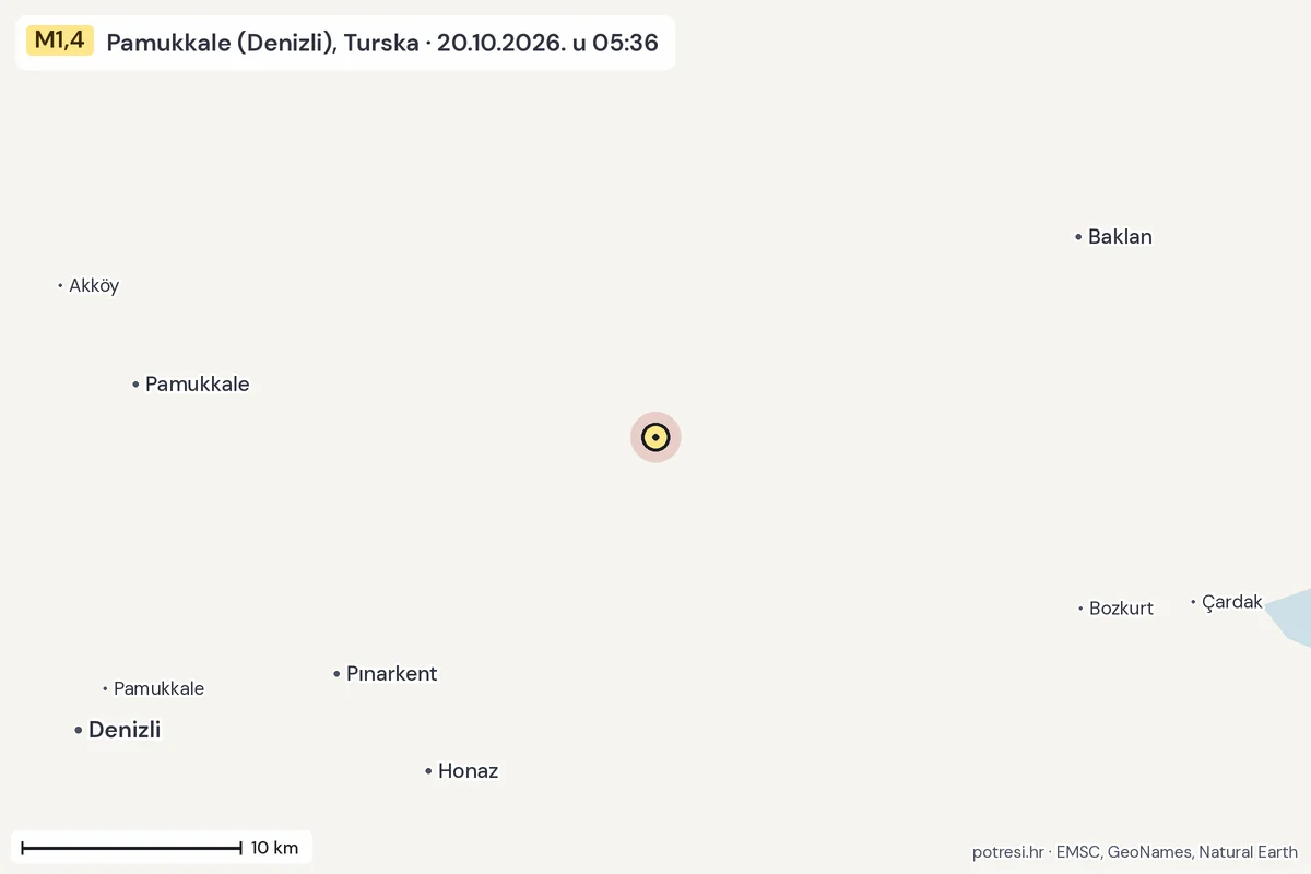 Karta: okolica epicentra, 60 km, potres M1,4, Pamukkale (Denizli), Turska, 20.10.2026.