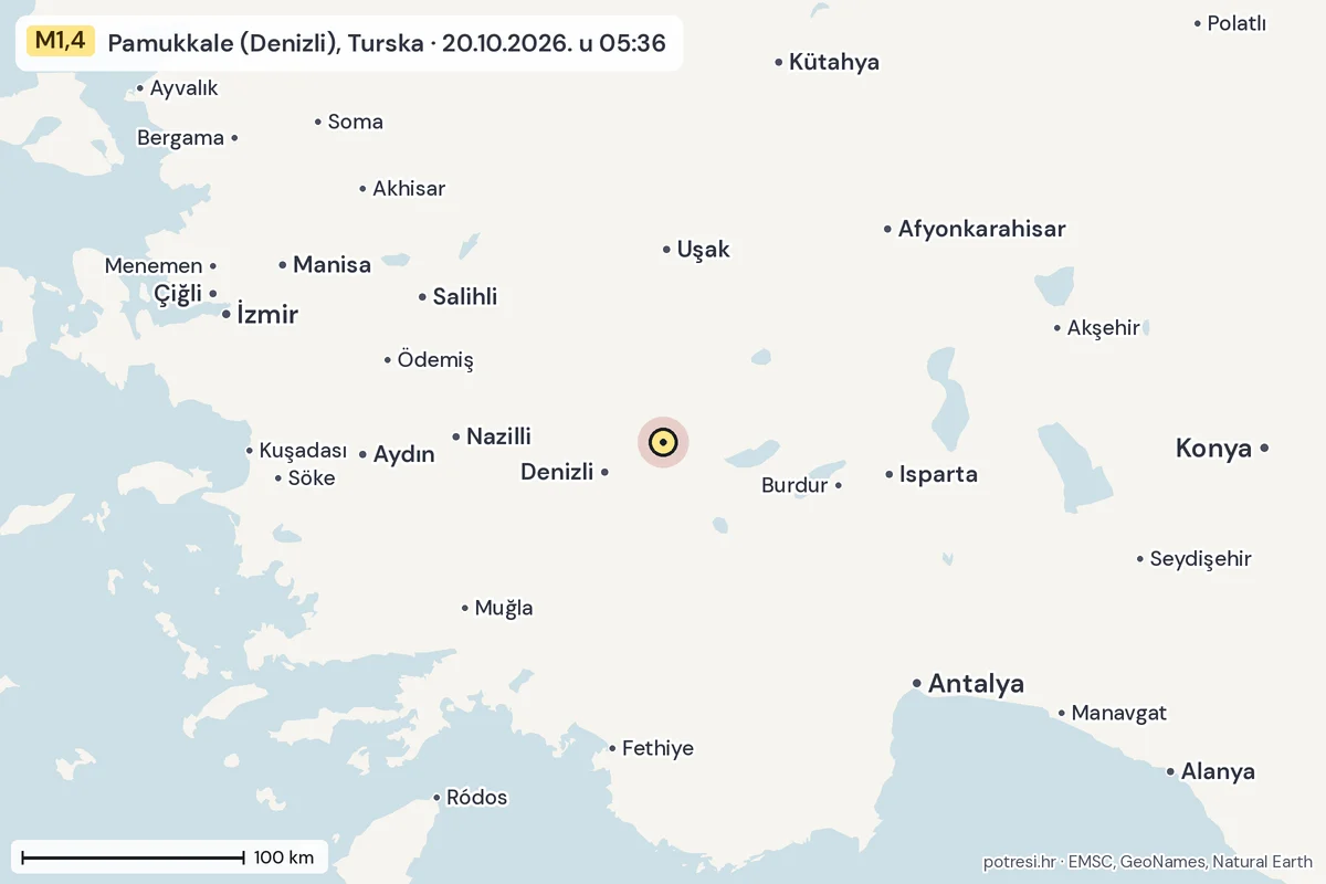 Karta: šire područje, 600 km, potres M1,4, Pamukkale (Denizli), Turska, 20.10.2026.