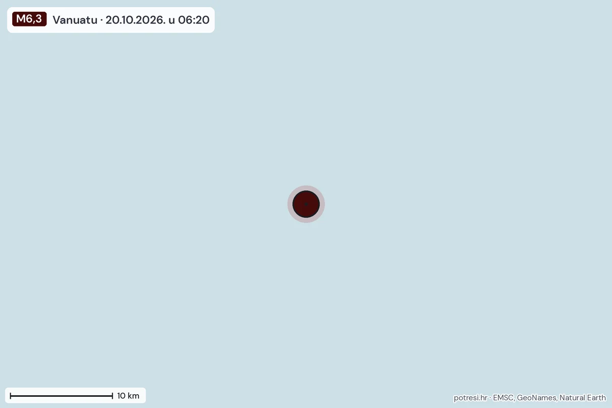 Karta: okolica epicentra, 60 km, potres M6,3, Vanuatu, 20.10.2026.